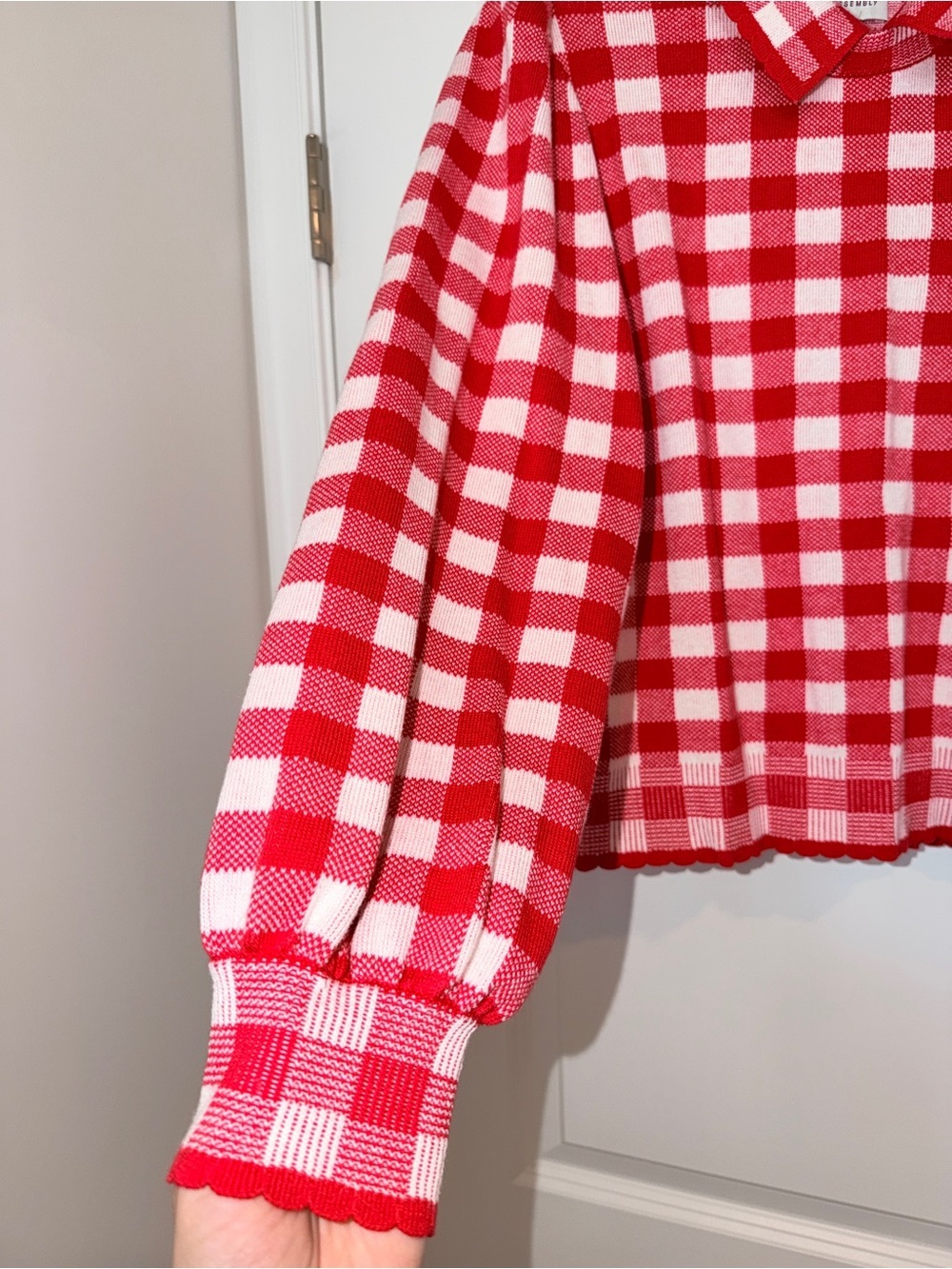 Free Assembly, Red & White Gingham Knit Sweater and A-line Skirt Set, Red, L - Picture 6 of 11
